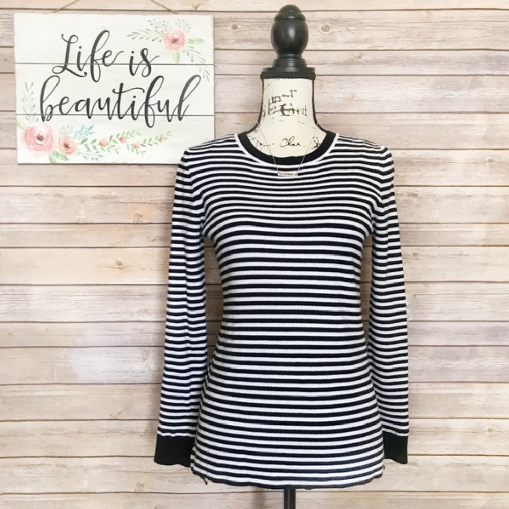 Michael Kors Black & White Striped Crew Neck Long Sleeve Sweater Medium